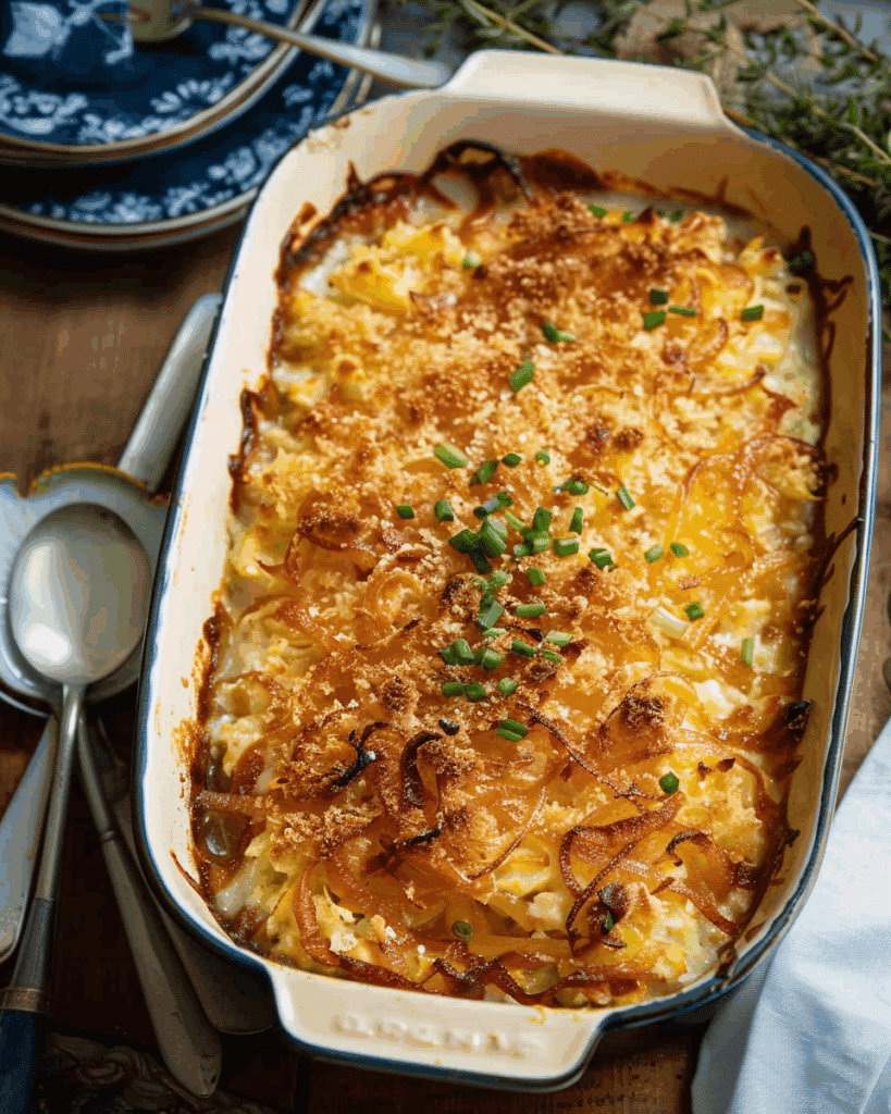 Cheesy Hash Brown Casserole with Crispy Fried Onions