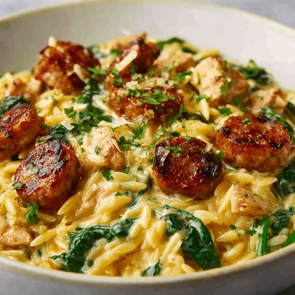 Creamy Chicken Sausage Orzo Recipe - Recipe Image