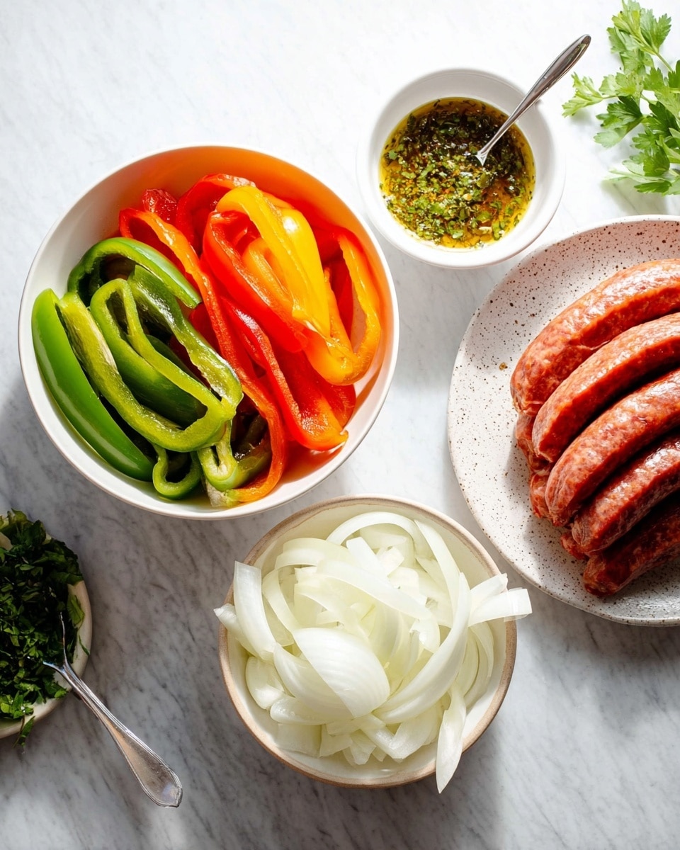 A white bowl filled with three colors of sliced bell peppers—green, red, and orange—layered side by side showing their smooth and shiny texture, placed on a white marbled surface. Near it, there is a small white bowl holding a thin herb and oil sauce with visible green herbs mixed in, and a tiny fork resting inside. Below that is another white bowl filled with thinly sliced white onion pieces arranged neatly in a fan shape. To the right, on a white speckled plate, there are several raw reddish-brown sausages stacked in two layers. Fresh green herbs lay on the white marbled surface at the top right corner. The whole scene is bright with natural light, presenting fresh ingredients. Photo taken with an iphone --ar 4:5 --v 7