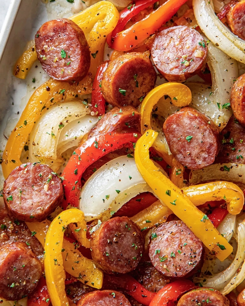 A close-up of a mix of cooked sliced sausage rounds with a shiny brownish-red surface, placed on top of layers of yellow, red, and orange bell pepper strips with a slightly soft texture. There are also semi-translucent, cooked white onion rings scattered throughout, adding a mix of color and texture. The entire dish is sprinkled with small bits of green herb and black pepper, all resting on a white marbled textured surface. photo taken with an iphone --ar 4:5 --v 7