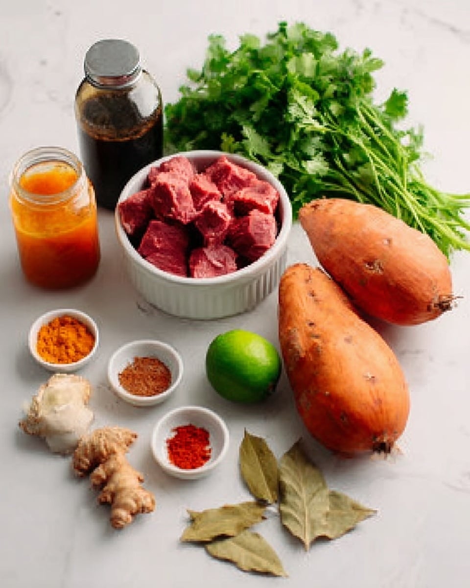 The image shows a white marbled surface with various fresh cooking ingredients arranged neatly. There is a bunch of green cilantro leaves in the top right, two orange sweet potatoes to the right side, and a green lime placed below the potatoes. To the left of the lime, there is a red onion and a small round white bowl filled with red meat chunks. Nearby, there are small white bowls containing orange and red spices. A few light brown bay leaves and small pieces of ginger lie in front of the bowls. At the back on the left side, there is a clear bottle with a dark liquid and a glass jar with an orange sauce inside. The overall colors are vibrant with a mix of orange, green, red, and brown tones on a clean white marbled surface. Photo taken with an iphone --ar 4:5 --v 7
