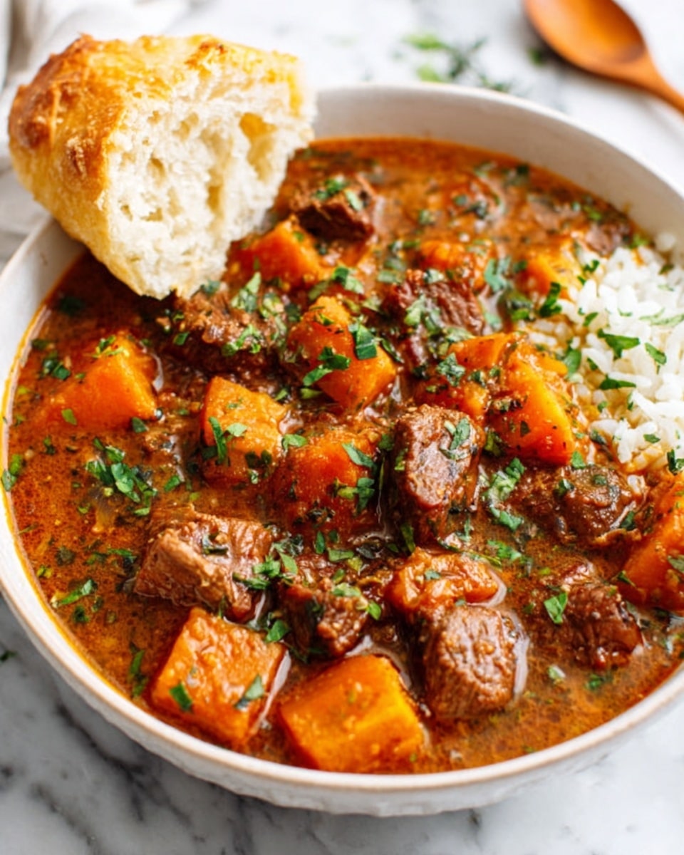 A white bowl filled with a rich stew that includes chunks of tender beef and orange sweet potatoes in a thick reddish-brown sauce, topped with fresh green herbs. The stew sits alongside a small serving of light, fluffy white rice on one side of the bowl, and a piece of torn crusty bread rests on the edge. The bowl is placed on a white marbled surface, and a woman's hand holds a wooden spoon with some stew. The colors are warm and inviting with a mix of earthy tones. photo taken with an iphone --ar 4:5 --v 7