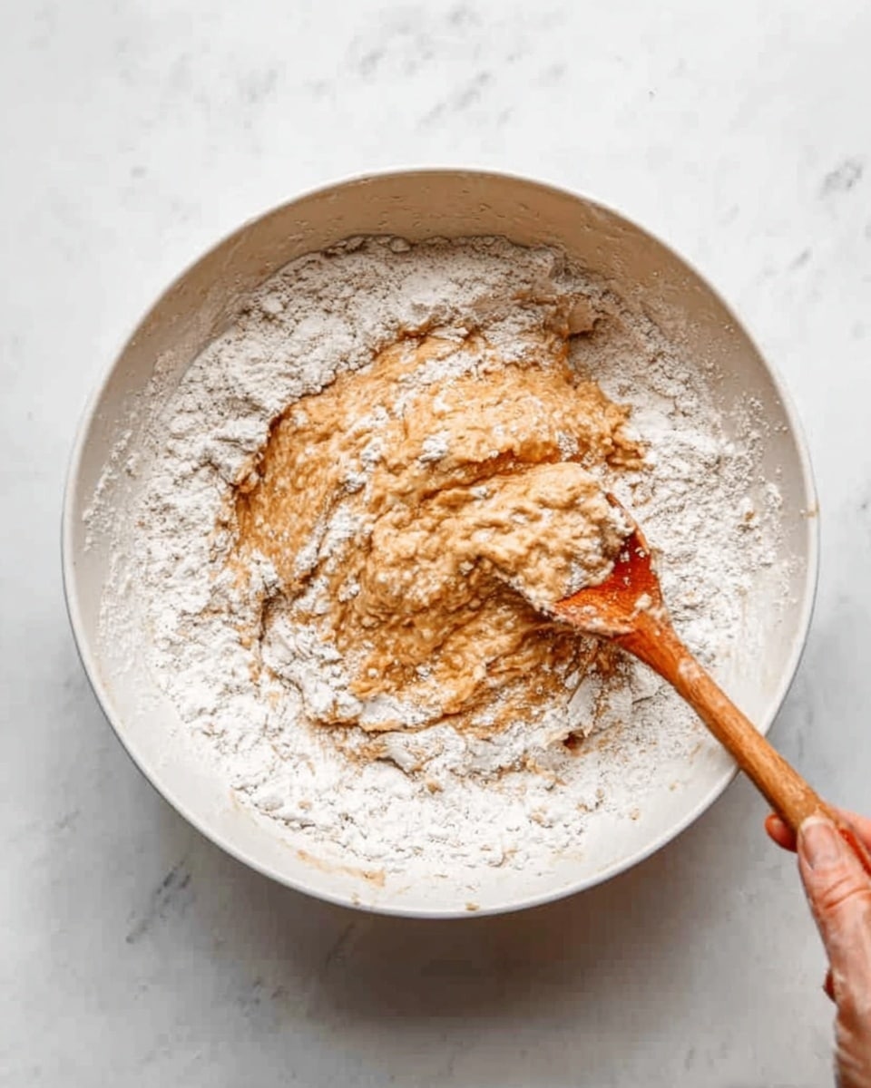 A white bowl with a mixture of light brown dough on the bottom and white flour piled on top, being stirred by a wooden spoon with a woman's hand holding it from the right side; the dough has a smooth texture with some flour still dry on top, and the background is a white marbled surface. photo taken with an iphone --ar 4:5 --v 7