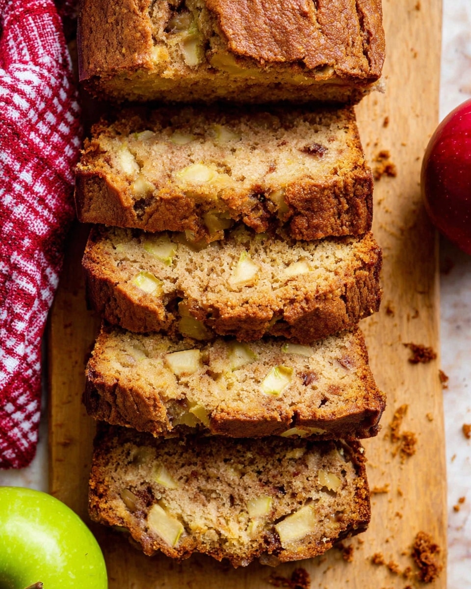 The image shows a loaf of brown apple bread sliced into four pieces, revealing a moist and dense texture with small apple chunks spread evenly inside. The top crust is slightly golden-brown and has a soft, cracked look. The bread sits on a wooden surface with some crumbs scattered around. There is a red and white checkered cloth in the top left corner and a red apple near the top right, as well as a green apple at the bottom left. The background is a white marbled texture. photo taken with an iphone --ar 4:5 --v 7