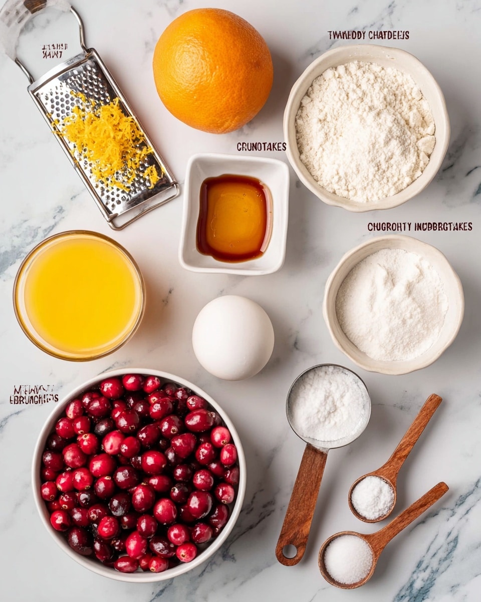 The image shows a white marbled surface with 13 small containers and items arranged neatly to display ingredients. At the center bottom is a white bowl full of red cranberries with a mix of red and dark red shades. Above it to the right is a white bowl filled with white flour, and above that, a small white square bowl containing golden brown vanilla extract. To the left of the cranberries bowl is half an orange placed next to a small metal grater with a wooden handle, topped with bright orange zest in a small white bowl above it. On the top right is a white bowl filled with white sugar. Below the cranberries and flour are three small silver measuring cups with wooden spoons containing white baking powder, baking soda, and salt. To the bottom left of the cranberries are a glass of yellow-orange juice and a small glass of white buttermilk. A single white egg is placed between the buttermilk and vanilla with a small white bowl of melted yellow butter at the top left. The background and surface are clean with a soft, natural look. photo taken with an iphone --ar 4:5 --v 7