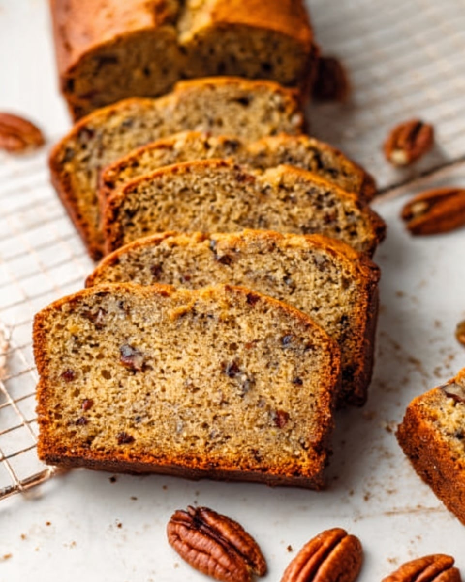 The image shows slices of moist brown cake with visible bits of pecans inside, arranged neatly on a white marbled surface. The cake texture looks soft and speckled with small walnut pieces spread throughout each slice. Around the cake slices, there are whole pecans placed casually, adding to the natural and cozy feel. The background is softly lit to highlight the rich texture and light golden crust of the cake. photo taken with an iphone --ar 4:5 --v 7