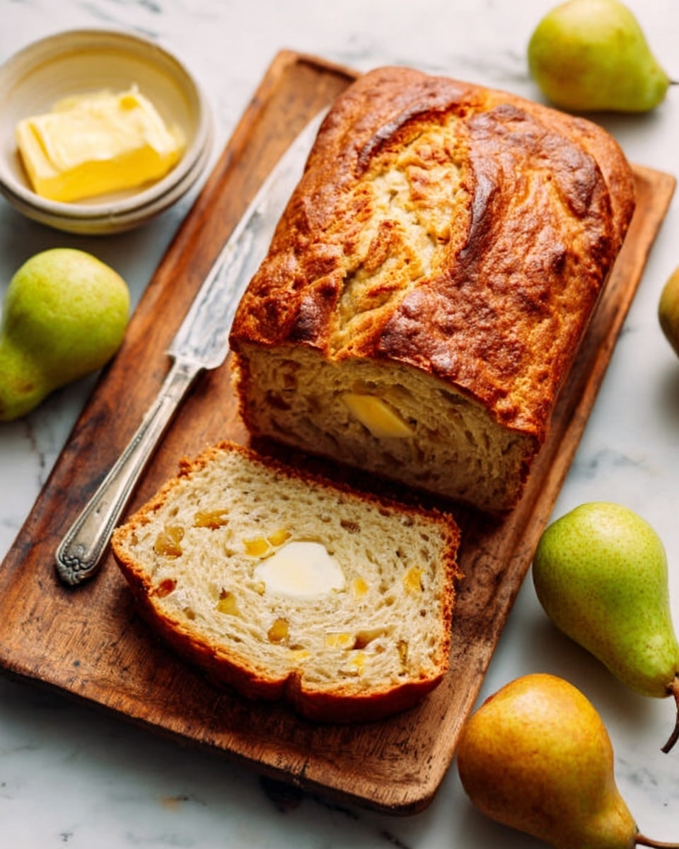 A loaf of bread with a golden brown crust sits on a wooden board with one slice cut and laid flat in front of it, showing a soft inside with bits of fruit and a small piece of butter melting in the center. Surrounding the board are three green pears and a small white bowl filled with yellow butter. A silver fork rests to the left of the board, all placed on a white marbled surface. The slice has a light texture with pieces of fruit scattered evenly throughout. A woman's hand is seen partially on the left side near the fork. photo taken with an iphone --ar 4:5 --v 7