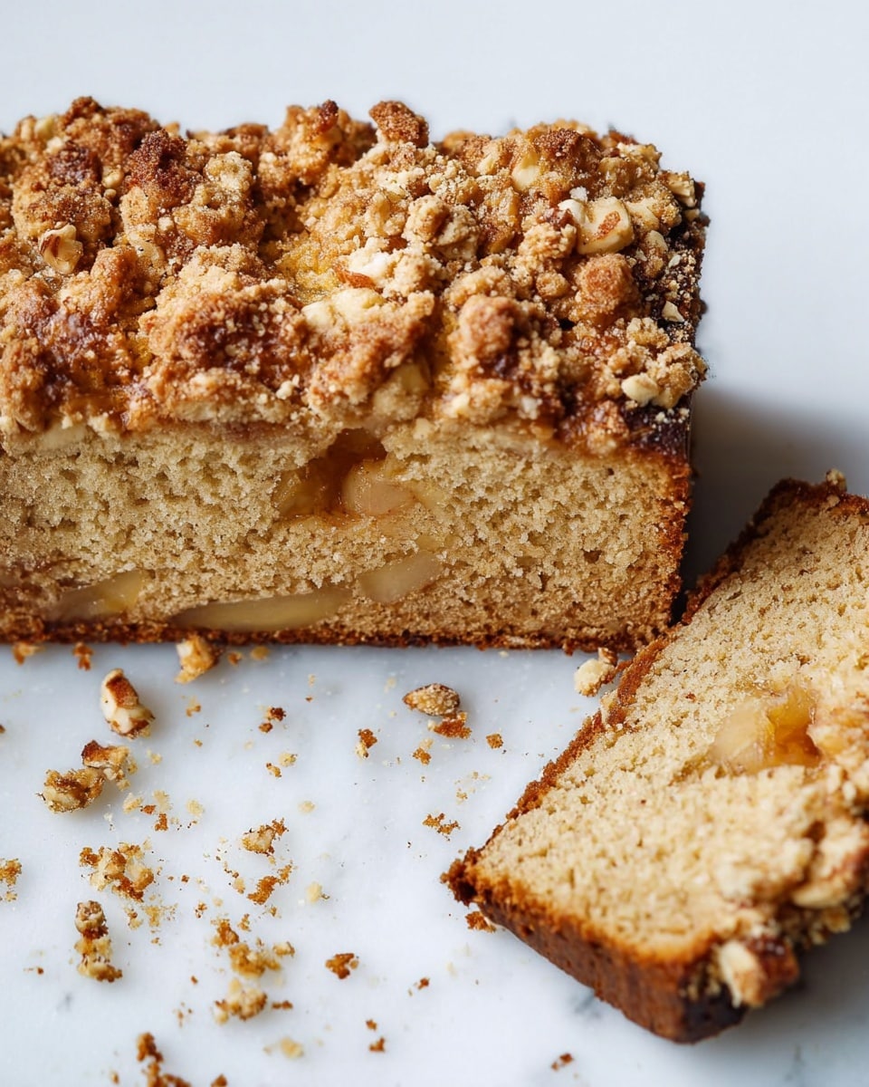 A close-up of a loaf cake with a golden brown crumb and a crunchy nut topping. One thick slice is separated from the loaf and shows a soft, light brown interior with pieces of fruit embedded in the middle. The nut topping is chunky and uneven, covering the entire top of the loaf and spilling slightly onto the white marbled surface. Crumbs and bits of nuts scatter around both the slice and the rest of the loaf. Photo taken with an iphone --ar 4:5 --v 7