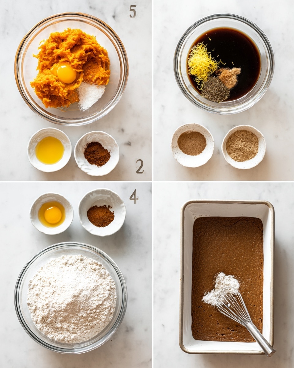The first part shows a clear glass bowl with five layers of ingredients: bright orange mashed sweet potato on the left, two yellow raw eggs on the right, a white liquid around them, dark syrup on top of the sweet potato, and a small amount of yellow zest over the syrup. Around this bowl are smaller white bowls filled with different powders and spices, and a white bowl of flour on a white marbled surface. The second part shows two clear glass bowls side by side; the top one has a dark brown mixed liquid with a silver whisk inside, and the bottom one contains white flour layered with five different brown spices on top. The third part shows the liquid from the second image poured into the flour bowl, creating a two-layer look with brown on the bottom and white flour on top. The fourth part shows a white rectangular baking tray lined with brown parchment paper, filled with smooth brown batter and a light sprinkle of flour or sugar on top, all on a white marbled surface, photo taken with an iphone --ar 4:5 --v 7