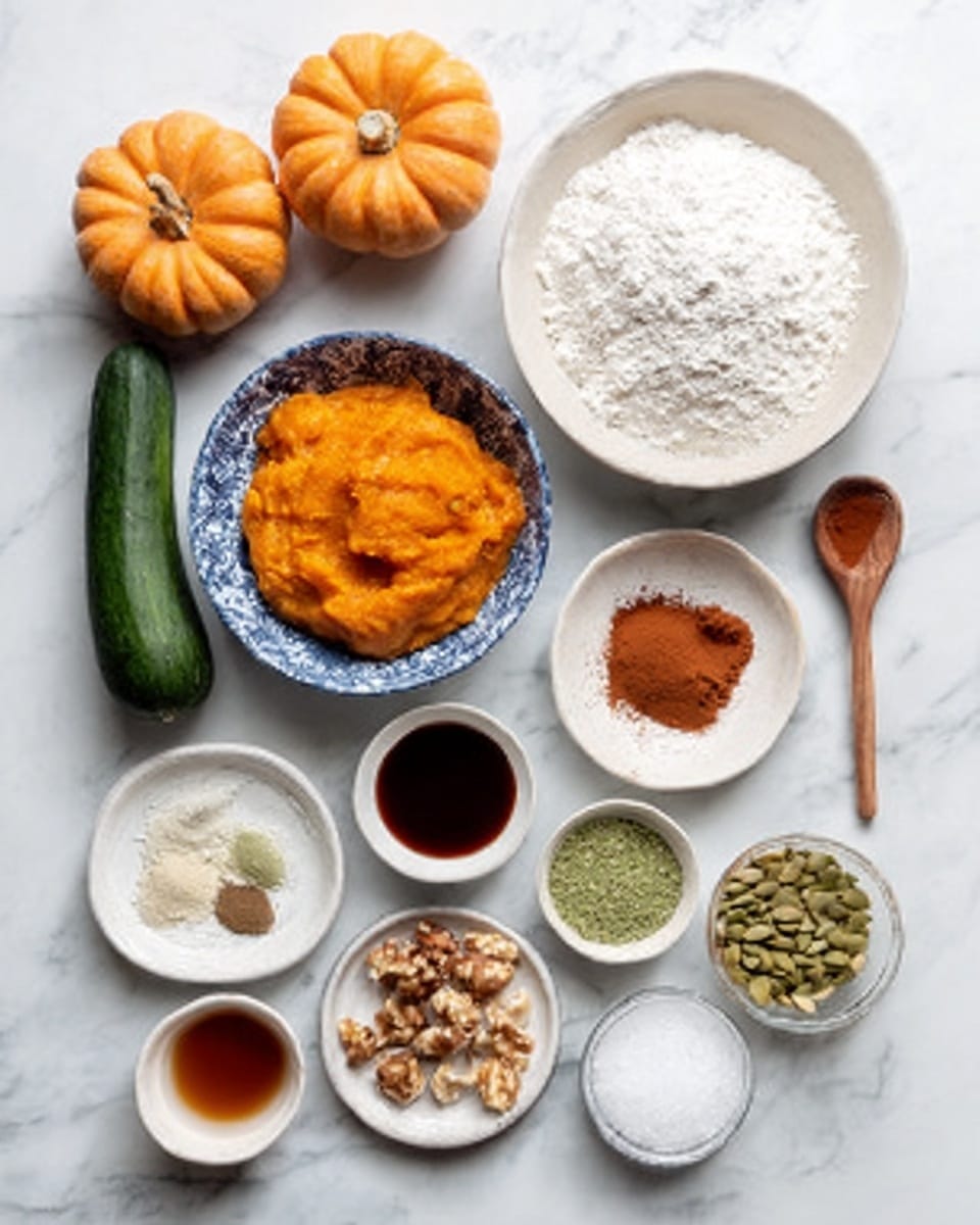 A white marble surface holds various ingredients arranged neatly: two small pumpkins on top left and right, a whole green cucumber on the left side, and a white bowl filled with white flour placed near the top center. Below the flour bowl is a blue and white patterned bowl filled with orange pumpkin puree. Around these main bowls are small white dishes containing dark syrup, a light brown liquid, cinnamon and other spices piled on a white plate, whole nuts, green seeds, and white salt. A wooden spoon rests on the right side. The whole layout is clear and colorful, showing warm and natural tones. Photo taken with an iphone --ar 4:5 --v 7