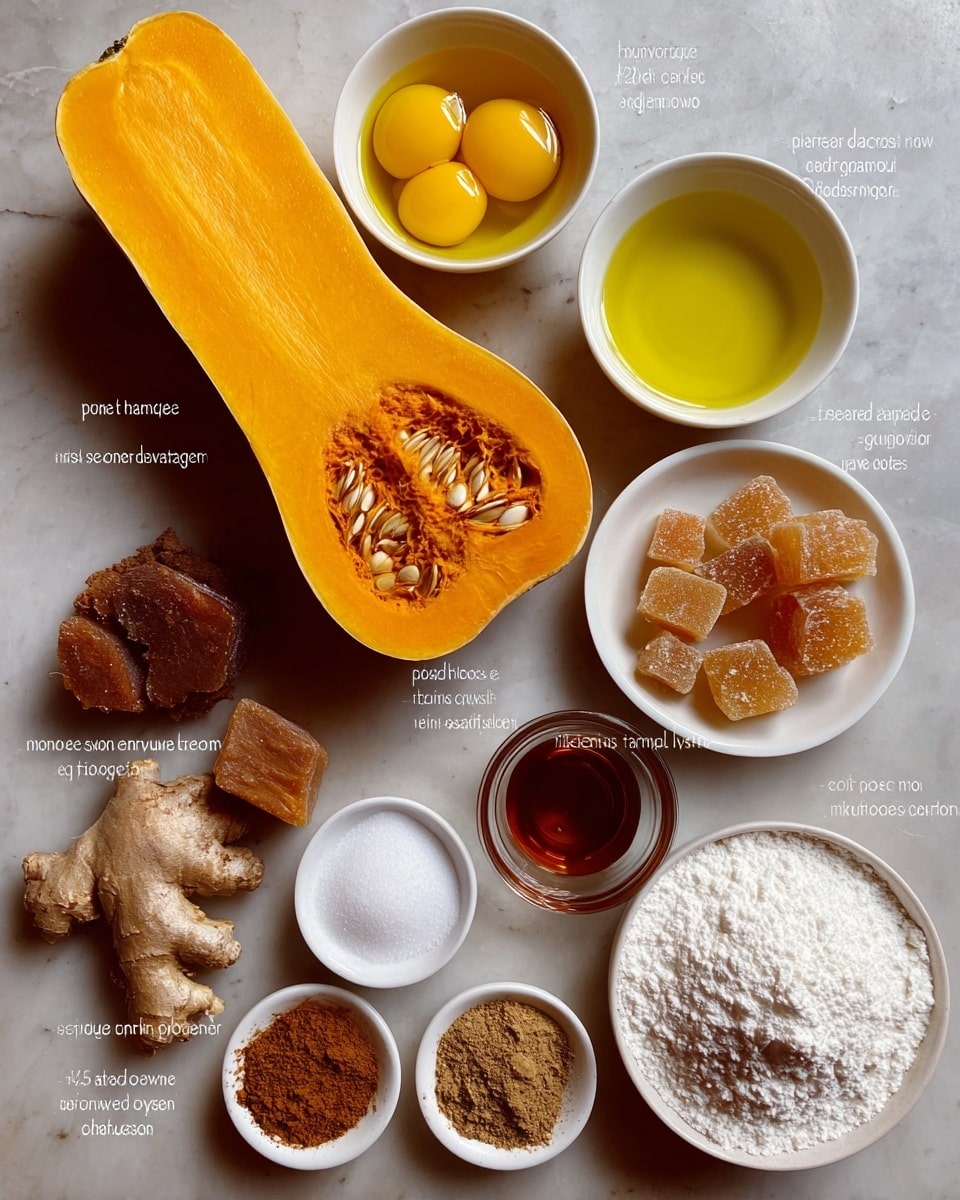 The image shows ingredients for baking arranged neatly on a white marbled surface. There is a large half piece of bright orange butternut squash with visible seeds placed horizontally in the center. At the top left, there is a white bowl with three yellow eggs in clear liquid. To the right, two white bowls hold golden extra virgin olive oil and light amber honey. Near the center, a small clear glass dish contains dark brown vanilla extract. Below the vanilla, a mound of dark brown sugar sits next to chunks of crystallized ginger in light amber tones. To the right, a pile of white all-purpose flour is visible next to white baking powder. At the bottom left, a small white bowl holds four different spices: ginger, cloves, cinnamon, and another spice, all in various shades of brown. A small pile of white salt is near the spices. The overall image has warm yellow, brown, and white colors arranged clearly and simply. Photo taken with an iphone --ar 4:5 --v 7