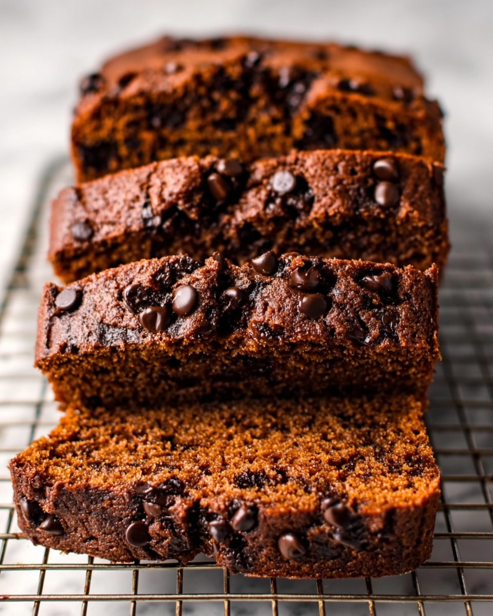 The image shows several slices of moist chocolate chip cake stacked closely together. Each slice has a rich brown color with a soft, crumbly texture and is filled with small dark chocolate chips scattered throughout. The top layer of each slice is slightly darker and crusty, contrasting with the lighter, tender inside. The slices are placed on a cooling rack over a white marbled surface, highlighting the warm tones of the cake. Photo taken with an iphone --ar 4:5 --v 7