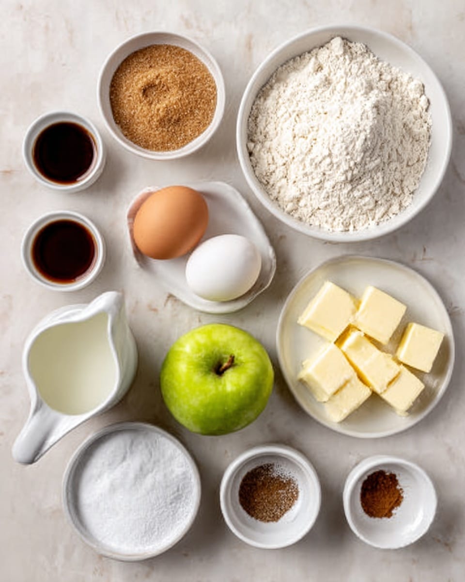 The image shows ingredients for baking arranged neatly on a white marbled surface. There are nine main items visible: a white bowl filled with white flour at the top right, two eggs placed near the center, a white plate with white cubed butter to the right of the eggs, and a bright green apple below the eggs. Other items include a small white bowl filled with light brown sugar at the left, a smaller white bowl with a dark brown spice near the center top, a small container with a dark liquid (likely vanilla) near the lower left, a white jug with white liquid (likely cream or milk) at the bottom left, and several smaller white bowls containing white granulated sugar and other spices spread out. The ingredients are spread evenly with clear colors and textures matching their typical baking forms. Photo taken with an iphone --ar 4:5 --v 7