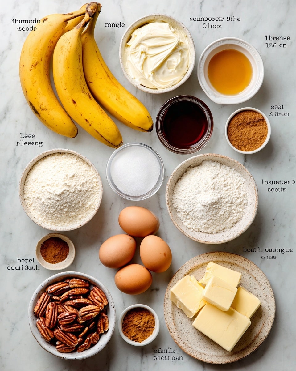 The image shows a collection of baking ingredients arranged neatly on a white marbled surface. There are three bright yellow bananas with some brown spots placed on the left side. Moving clockwise, small bowls contain white cream cheese with a smooth, creamy texture; golden brown vanilla extract in a small cup; white baking soda powder; light beige all purpose flour; dark amber maple syrup in a clear measuring cup; white powdered sugar with a fluffy texture; light brown sugar with a grainy texture; two brown eggs in a small bowl; light golden cubed butter on a white speckled plate; whole brown pecans in a bowl with rough ridges; orange-brown cinnamon powder and white coarse salt in tiny bowls. Each ingredient is clearly visible and separated from the others, creating a clean and organized look. Photo taken with an iphone --ar 4:5 --v 7