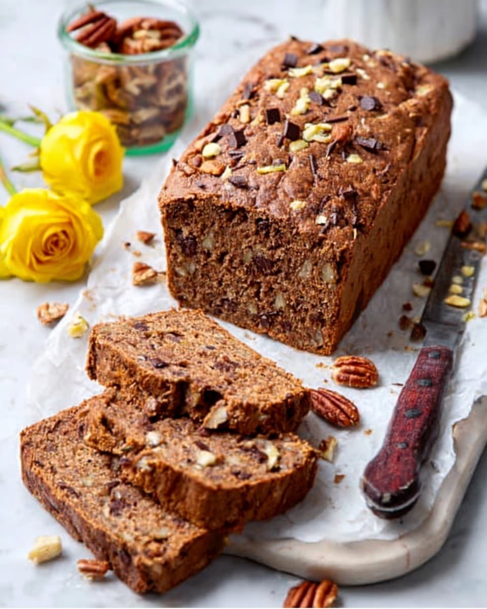 The image shows two thick slices and a whole loaf of brown bread on white parchment paper on a white marbled surface. The bread has a rough texture with chocolate chips and chopped nuts both inside and scattered on top. Next to the bread is a knife with a dark brown handle and pieces of chopped nuts, with pecans inside a small glass jar and a few yellow rose flowers placed nearby. photo taken with an iphone --ar 4:5 --v 7