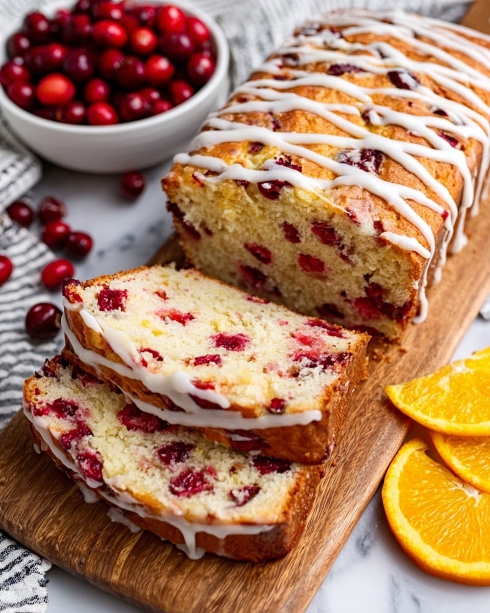 The image shows a loaf of cranberry bread sliced on a wooden cutting board placed on a white marbled surface. The bread has about two thick slices visible in front, with a golden-brown crust and a creamy inside dotted with whole red cranberries. The top is decorated with white icing drizzles in a crisscross pattern. Nearby, there is a white bowl filled with fresh red cranberries on the left, and orange slices on the right, adding bright color to the scene. photo taken with an iphone --ar 4:5 --v 7