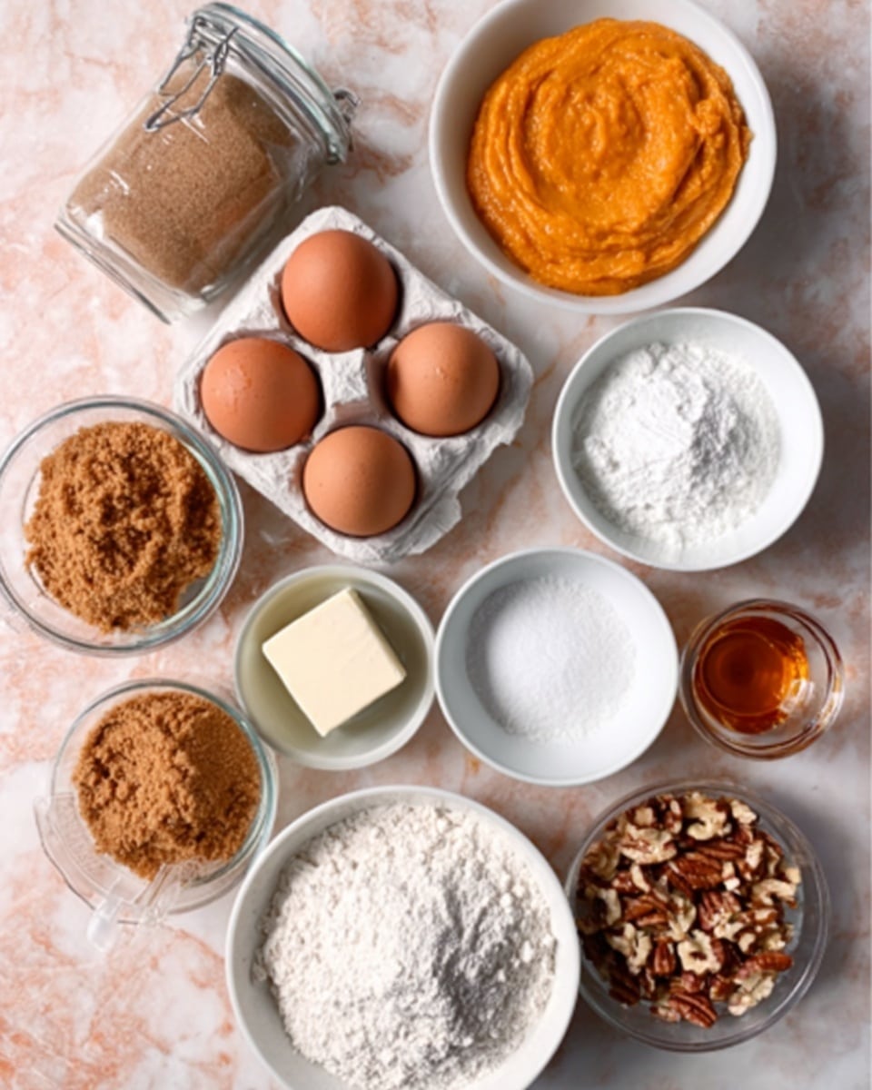 The image shows a white egg carton with three brown eggs placed in it, surrounded by bowls and glasses of ingredients on a white marbled surface. At the top left, there is a clear glass jar with brown sugar beside a white bowl filled with smooth orange puree. To the right, a small white bowl holds a white powdery substance, and below it is a little square piece of butter on the surface next to a small glass cup of amber liquid. On the bottom left, a white bowl contains packed brown sugar, while a large round white bowl at the bottom center is filled with white flour. On the bottom right, a white bowl contains a mix of chopped nuts with a brown color. All the items are arranged in a neat circle around the eggs, creating a warm and inviting setup. photo taken with an iphone --ar 4:5 --v 7