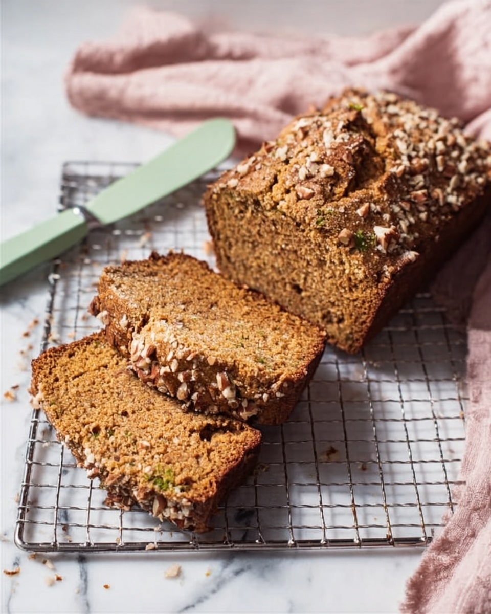 The image shows a loaf of brown bread with a nut topping, partially sliced into three pieces. The bread has a soft texture with some visible seeds or small nuts inside, and the crust is slightly darker and crispy. The slices are placed on a white grid cooling rack on top of a white marbled surface. A pale pink cloth is in the top right corner, and a light green butter knife is laying parallel to the loaf on the left side. The photo has natural lighting and a cozy feel. photo taken with an iphone --ar 4:5 --v 7