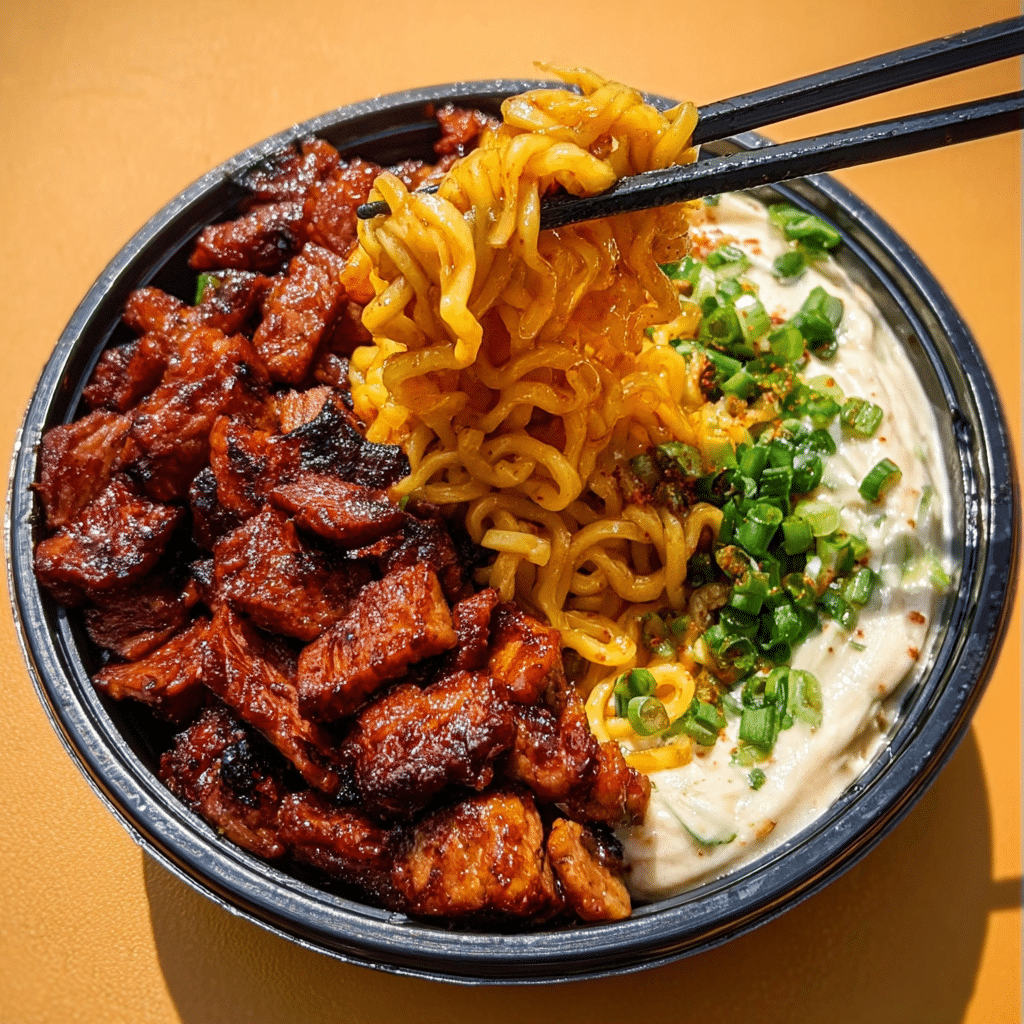 Creamy Spicy Ramen with Grilled Korean Beef Recipe - Recipe Image
