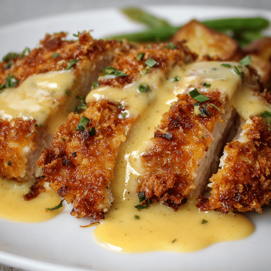 Pretzel Chicken with Mustard-Cheddar Sauce Recipe - Recipe Image